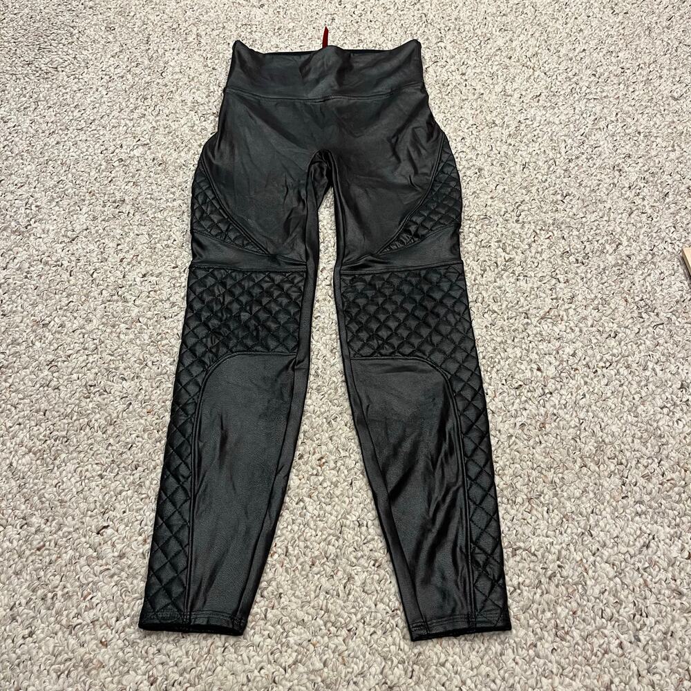 Spanx Quilted Faux Leather Shiny Moto Leggings S Petite Costume Grunge Casual
